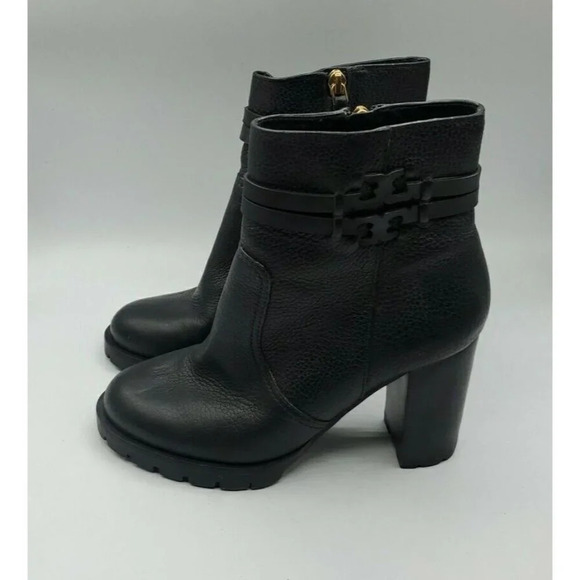 Tory Burch Leigh Black Leather Lug Sole With Logo Boots River Rock SZ 7.5   NWOB - Picture 5 of 13